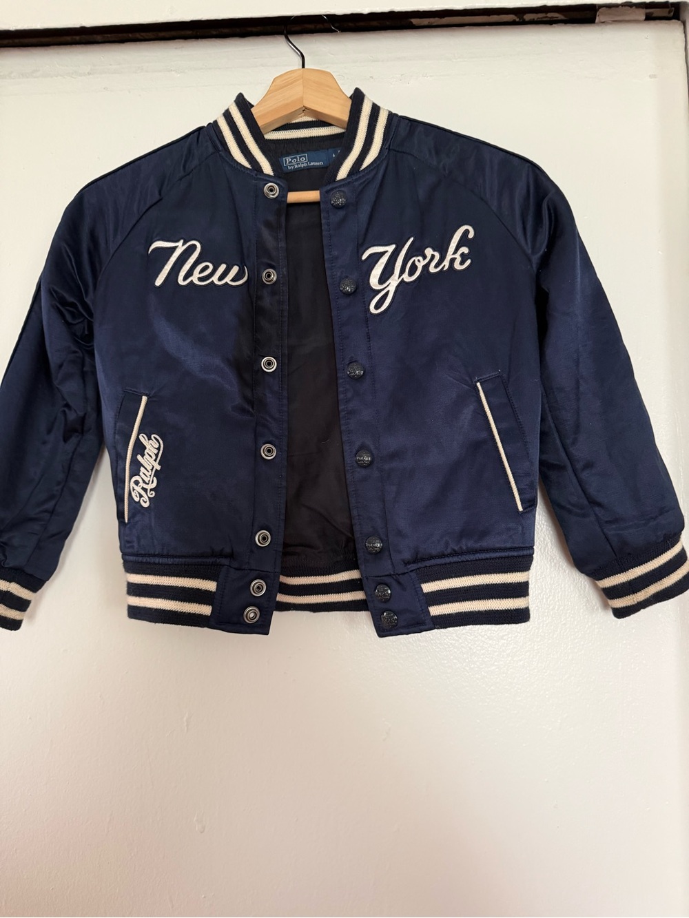 Boys Polo by Ralph Lauren Navy and White New York Satin Kids Bomber Jacket
